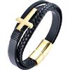 HALUKAKAH Bracciali Uomo Vichinghi,Placcato Oro 24k Massiccio Acciaio Titanio Croce Triplo Bracciale in Pelle Nera Fatto a Mano Chiusura Magnetica 21.5cm,Pacco Regalo Gratuita