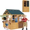 Casetta per bambini 3-8 anni con 5 finestre e 2 lavagne, in legno di abete, 173x117x144 cm, marrone e blu