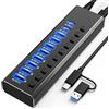 GKEAPZA Hub USB 3.2 alimentato a 10 porte 3.2/USB-C Hub (10 Gbps A 3.2 + 2 C + 7 3.0 porte) con singoli interruttori on/off e adattatore di alimentazione da 12 V, in alluminio con messa a terra