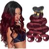Jucames Extension Capelli Veri Umani Body Wave Human Hair Bundles Tessitura Unprocessed Remy Double Weft Extensions 100g/Per Ombre Black to Burgundy Color for Woman 20 22 24 Inch