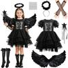 GEEKEO Vestito Carnevale Bambina 3-9 Anni, Costume Angelo Nero e Diavolo per Ragazze, Angelo Caduto con Ali e Alone e Bacchetta Magica, Angelo Nero Costumi per Halloween Cosplay e Feste a Tema (S(3-5 Anni))
