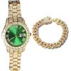 Genkigold Orologio con Diamanti per Uomo - Quadrante Rotondo 40mm con Numeri Romani in Verde - Placcato in Oro 18K Cinturino 22cm - Quarzo Giapponese - Gioiello di Lusso -Abbinato a Catena Cubana 20cm