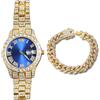 genkigold Orologio con Diamanti per Uomo - Quadrante Rotondo 40mm con Numeri Romani in Blu - Placcato in Oro 18K Cinturino 22cm - Quarzo Giapponese - Gioiello di Lusso - Abbinato a Catena Cubana 20cm