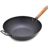 GreenPan Wok in acciaio al carbonio da 30,5 cm, fondo piatto, padella resistente, patina antiaderente pre-stagionata, alta ritenzione del calore, induzione, manico in legno di frassino, Kyoto, nero