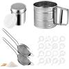 Gykutix Set di 5 Setaccio Farina in Acciaio Inox Spargi Zucchero a Velo a Una Mano Colino Cucina con Coperchio con 16 Coffee Stencils Setaccio per Farina per Cacao, Spezie, Zucchero, Cioccolato
