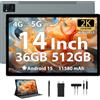 LEVIRTU Android 15 Tablet 14 Pollici 2K FHD, 36GB+512GB/TF 2TB, Octa-Core, 11580mAh, 4-Speaker, 13MP Fotocamera, Grande Tablet con Dual SIM 4G LTE/5G WiFi/GPS/Custodia/Stylu/Auricolare, Grigio