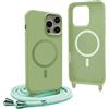 YFSYLL Magnetica Cover per iPhone 14 Pro Max con Cordino,Compatibile con MagSafe,Silicone Case con Regolabile Cordino da Collo Nylon Catena Collana Tracolla - Verde Matcha