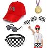 BTHRORO Accessori per Costume da Pilota da Corsa Bambini Cappello Marsupio Bandiera a Scacchi Occhiali da Sole Medaglie Abbigliamento da Pilota Dress Up Costumi Carnevale Halloween Cosplay per Bambino