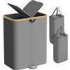 SONGMICS Cesto Portabiancheria a 2 Scomparti, Porta Biancheria 150 L, con Coperchio, Sacchi Interni Rimovibili, per Lavanderia Camera da Letto Soggiorno, Grigio Ardesia e Beige Naturale LCB523G01