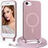 Coiwxmoi Magnetica Cover per iPhone 7/8/SE 2022 con Cordino Regolabile, [Compatibile con MagSafe] Custodia con Collana Tracolla Laccio Collo Liquido TPU Silicone Lanyard Antiurto Case, Rosa