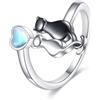 POPLYKE Anello di gatto in argento sterling 925 per le donne di gatto nero gioielli regali per gli amanti dei gatti anello di pietra di luna per madre regolabile anello aperto vestito 6-9#, Argento