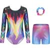 Cucudy Body Ginnastica Artistica Bambina Ragazze - Body da Ginnastica Ragazze a Maniche Lunghe e Senza Maniche con Colori Sfumati Pantaloncini e Fascia per Capelli, Atletica Body per Bambini 5-14 anni
