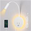 ERWEY Lampada da lettura letto, lampada da lettura a parete 3000K (3W+8W) Lampada da letto con interruttore e ricarica USB, collo d'oca girevole a 360° con spina e cavo per camera da letto, Bianco