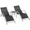 Outsunny Sdraio da Giardino Set 2 Lettino Prendisole con Tavolino con Vetro, Lettini Prendisole con Tessuto Traspirante 59x169x66cm, Nero|Aosom