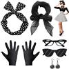 VEGCOO Accessori anni 50 donne, 6 pezzi costume degli anni '50, pois sciarpa guanto orecchino fascia occhiali per festa carnevale (nero)