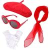 IHLOOTD Set di 4 Accessori per Costume Anni '50, Kit di Accessori per Costume Francese, con Berretto, Sciarpa, Occhiali da Sole, Guanti, Decorazione Retrò Anni '50 per Festa, Carnevale, Travestimento (Rosso)