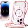 Coiwxmoi Magnetica Cover Ondulato per iPhone 14 Pro Max con Cordino,[Compatibile con MagSafe] Trasparente Custodia con Laccio Collana Tracolla,Telaio Forma Riccia Silicone Protettivo Case, Oro Rosa