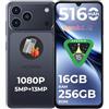 HOTWAV A17 Pro Max Smartphone Android 15, 16GB+256GB/TF TB Telefono Cellulare, 5160mAh Cellulare, 6.75 Pollici Telefoni, 13MP+5MP Camera, Dual SIM 4G Telefono/1080P/GPS/Face ID/Fingerprint - Nero