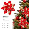 AONAT 12 Pezzi Fiori di Natale Artificiali con Clip, 14 Cm Fiori Artificiali Natalizi, Fioris Poinsettia Glitter per Albero di Natale Ghirlanda Decorazioni Natalizie, Addobbi Natalizi (Rosso Oro)