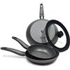 TVS MINERALIA INDUCTION Set Padelle Antiaderenti in Alluminio, Rivestimento Effetto Pietra Ø 24-26-28 cm, 3 pz, Made in Italy, con Coperchio multidiametro, Adatto all'induzione
