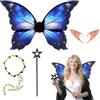 TOGETDREAM 4 Pezzi Ali da Fata, Ali da Fata a Forma di Farfalla, Con Orecchie da Elfo, Cerchietto da Fata e Bacchetta a Forma di Stella, Ali di Farfalla per Compleanno Carnevale Feste di Cosplay (Blu)