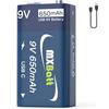 MXBatt Batteria Ricaricabile da 9V al Litio USB 650mAh con Cavo di Ricarica, Batterie da 9 Volt per Allarmi Rilevatori di fumo 1 Confezione