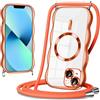 Coiwxmoi Magnetica Cover Ondulato per iPhone 13/iPhone 14 con Cordino,[Compatibile con MagSafe] Trasparente Custodia con Laccio Collana Tracolla,Telaio Forma Riccia Silicone Protettivo Case, Arancione