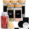 Happy Lemuro Set di 6 barattoli per spezie rettangolari da 120 ml, con inserto per spargimento, coperchi in bambù, etichette in nero, set di contenitori per spezie, spezie