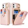 SailorTech Custodia per telefono per iPhone 12 Supporto ad anello con cerniera per carta di credito, iPhone 12 Pro Custodia in pelle Portafoglio con portacarte per donne-Oro Rosa