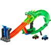 Hot wheels monster trucks - demolizione del drago, pista con deviatore e drago cyborg da sconfiggere, due veicoli inclusi