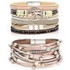 Suyi Set di 2 braccialetti in pelle multistrato con perline e chiusura magnetica, da donna, 19.5 cm, Pelle