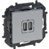 LEGRAND Caricatore doppio USB tipo A componibile per installazione da incasso, Gamma Niloé Step, Colore Alluminio, 398263B