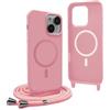 YFSYLL Magnetica Cover per iPhone 15 Plus con Cordino,Compatibile con MagSafe,Silicone Case con Regolabile Cordino da Collo Nylon Catena Collana Tracolla - Pink