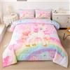 Feelyou Set di biancheria da letto per ragazze con unicorno rosa e arcobaleno, set kawaii carino reversibile con stelle trapunta per adolescenti bambini adulti cartone animato unicorno decorazione per