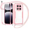 Jrkvniv Cover per Xiaomi Redmi Note 14 Pro Plus con Cordino,360 Gradi Trasparente Custodiacon con Protezione Schermo Integrata,Bumper Rugged Custodia con Regolabile Tracolla Corda Collana -Rose