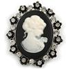 Avalaya Cammeo ovale in acrilico nero e bianco di ispirazione vintage, in metallo color argento invecchiato, 55 mm di lunghezza