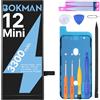 bokman Batteria per iPhone 12 Mini 3300mAh, Batteria Interna di Ricambio ad Alta Capacità con Kit di Riparazione, Strumenti e Strisce Adesive, Compatibile A2176 A2398 A2399 A2400
