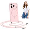Coiwxmoi Magnetica Cover per iPhone 17 Pro max 6.9 con Cordino Regolabile,Compatibile con MagSafe,Trasparente Custodia con Collana Tracolla Laccio Collo Liquido TPU Silicone Lanyard Case,Rosa