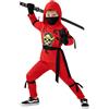 Dtiaagto Costume Ninja Rosso con Cappuccio, Pantaloni, Fascie e Spada Giocattolo per Bambini, per Halloween, Cosplay e Feste, 2-4 Anni