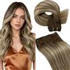 LaaVoo Extension Capelli Veri Tessitura Balayage Marrone Scuro a Marrone Chiaro e Biondo, Matassa Morbida Remy, Setosi, per Sposa e Matrimonio 35cm 80g #3-8-24