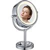 DOWRY Specchio Trucco da Tavolo con Luci Specchio Ingranditore Illuminato 7x Specchio Cosmetico Bifacciale Cromo,Diametro 21.5 cm