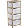 DRW Cassettiera in Legno con 4 cassetti in Tessuto Bianco 40x30x94 cm, Cristallo e Vimini, Trasparente e Naturale, Medidas: 15x15x36 cm