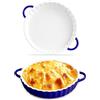 Jinfanshurich Teglia per torte in ceramica, rotonda, 26 cm, con manici, per quiche e casseruole, adatta al forno, al microonde e alla lavastoviglie, rivestimento antiaderente (bianco-blu)