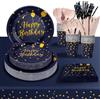 PYAILI Compleanno Stoviglie Oro Blu Navy 193 Pezzi Set Include Piatti, Tovaglioli, Tazze di Carta, Adatto a Tutti i tipi di Feste a Tema -24 Ospiti