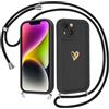 Krdvekm Cover con Cordino per iPhone 15 6,1'', Silicone Morbido Nero Custodia Aesthetic Mädchen Modello Amore Oro 3D Cute Disegni Collana Regolabile Protezione della Fotocamera Antiurto Case