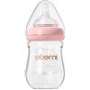 Oberni Biberon in vetro anti-coliche con tettarella in silicone simile al seno a flusso lento, 150 ml, 0+ mesi, collo largo, rosa, confezione da 1