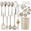 QWFHOME Set di 32 utensili da cucina in silicone con manici in acciaio inossidabile resistenti al calore e antiaderenti con portautensili lavabili in lavastoviglie Cachi (senza BPA)