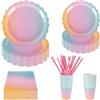 PHUNAT Set di stoviglie per feste arcobaleno, 125 pezzi usa e getta per feste, piatti di carta, tovaglioli e bicchieri per 25 ospiti, forniture per feste con unicorno per decorazioni da tavola