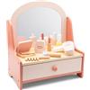 Woet® - Tavolo da Trucco Giocattolo in Legno per Bambini - Giocattolo di Bellezza di Imitazione con Specchio e 7 Accessori - Set Make-Up Infantile - A Partire da 3 Anni - Regalo per Bambini e Bambine