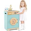 FANTASK Set di Gioco Lavatrice, Giocattolo di Legno per Bambini con Detersivo & Igienizzante per le Mani, Set di Biancheria con Lavandino, Cassetto & Ruota Girevole, per Bambini dai 3 Anni
